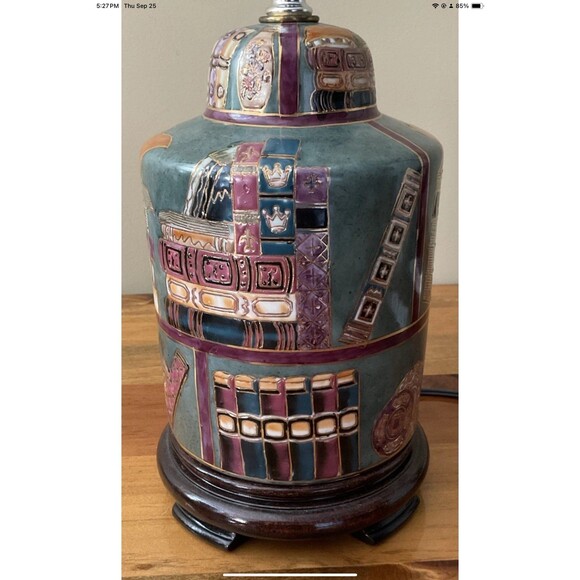 Library Book Desk Lamp Vintage Ornately Etched Ceramic, Wood Base **Tested 19”H - Picture 2 of 7